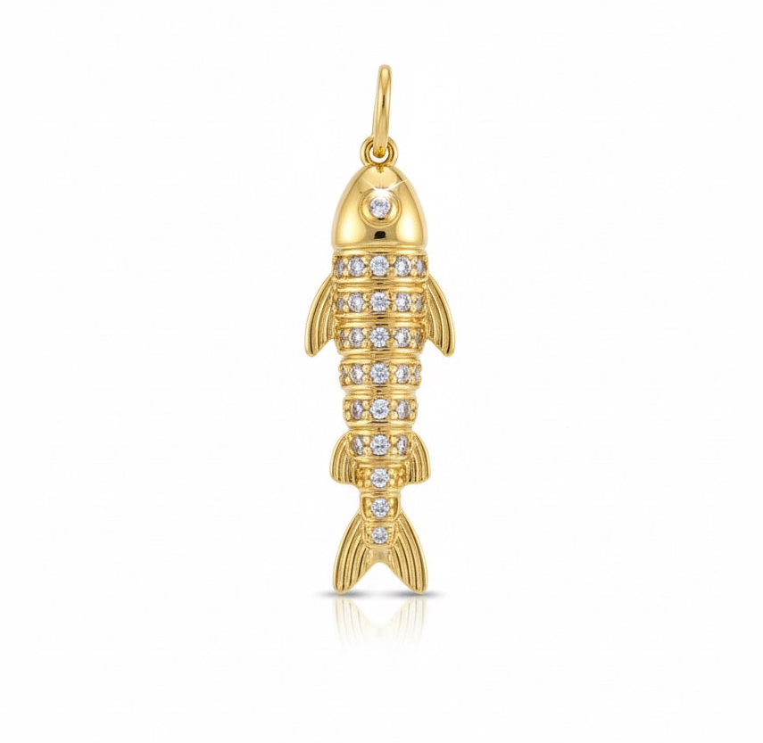 Gold fish-shaped pendant with embedded diamonds on a white background
