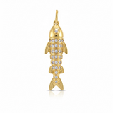 Gold fish-shaped pendant with embedded diamonds on a white background