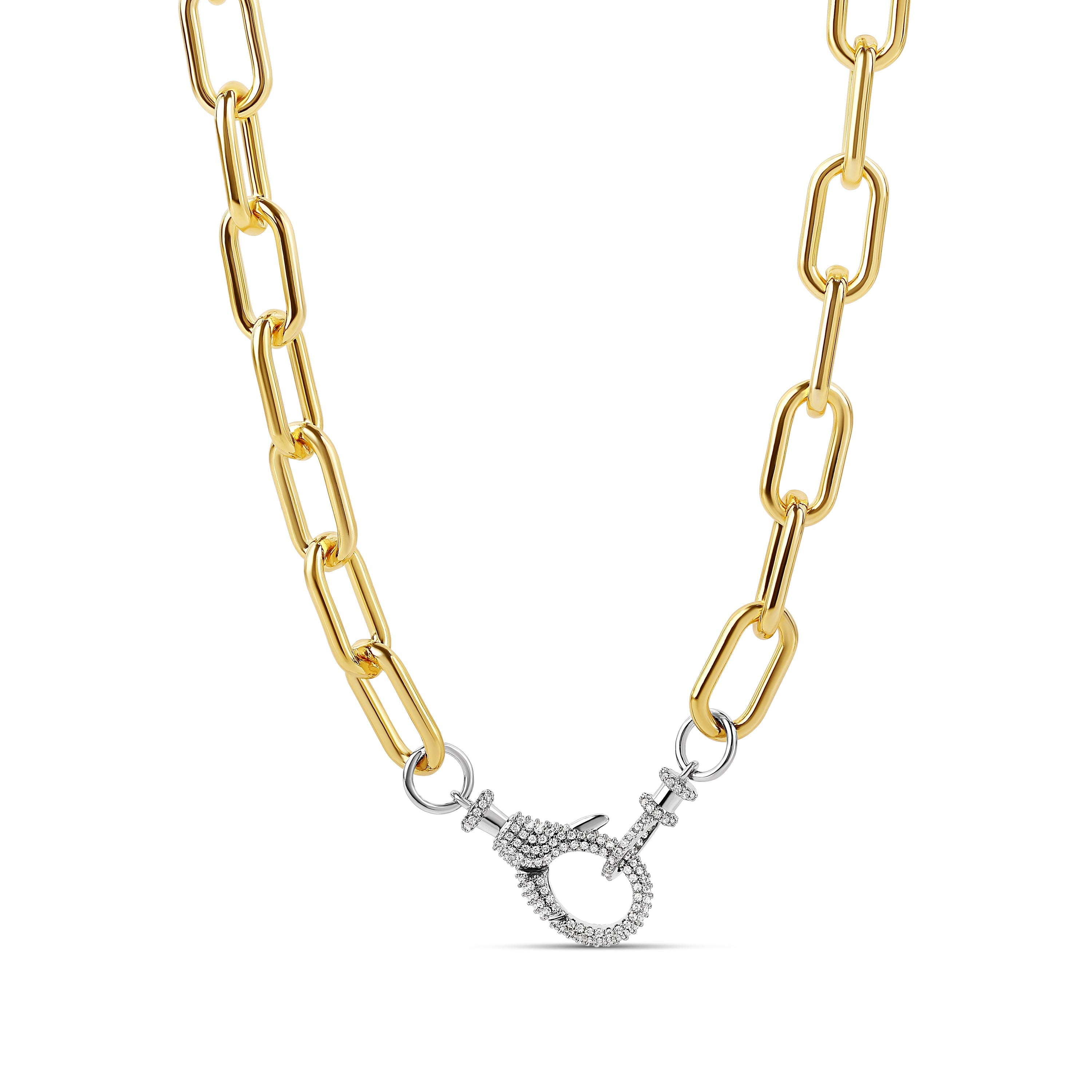Gold chain necklace with a silver clasp on a white background